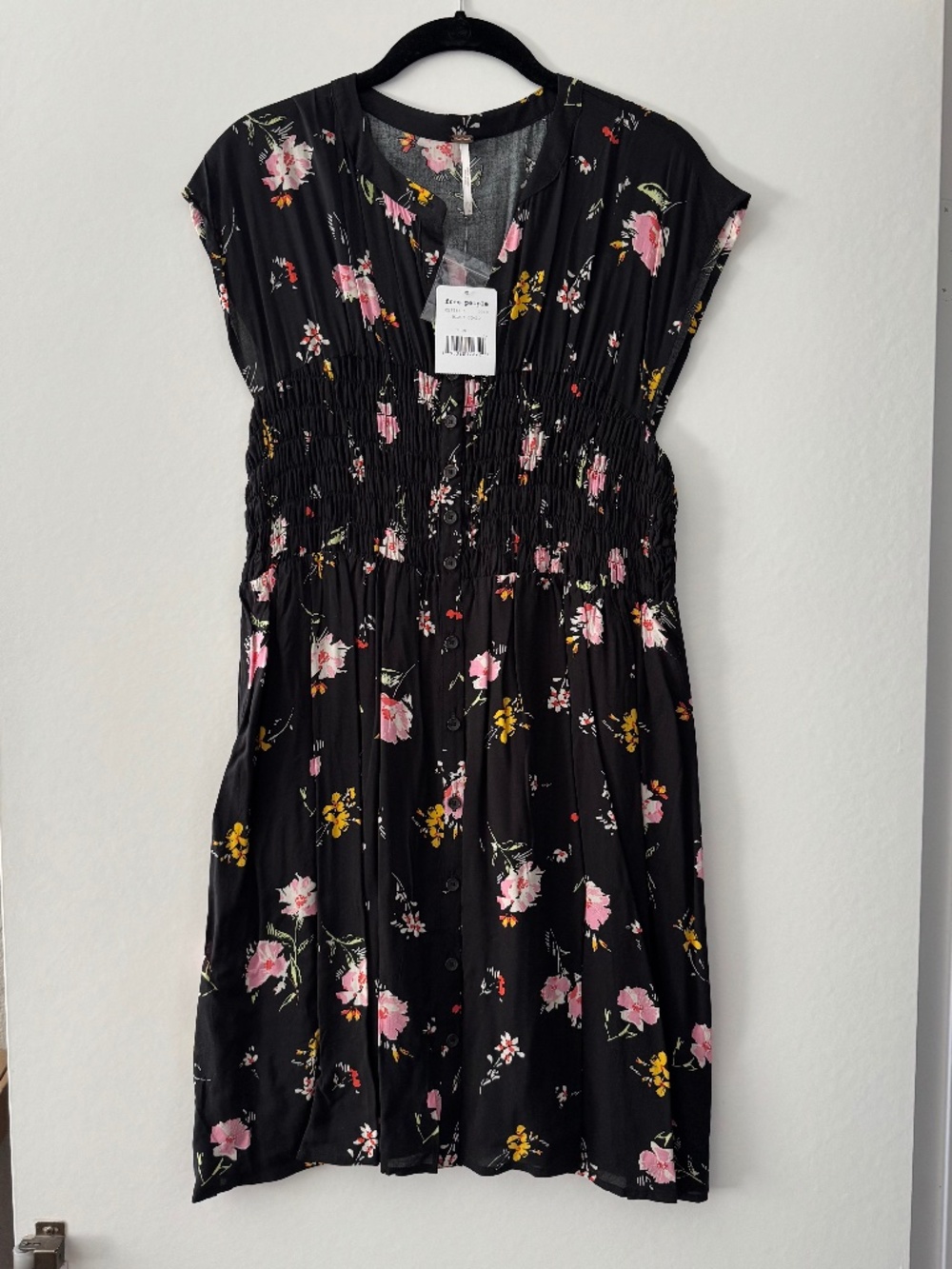 Free People Greatest Day Floral Smocked Dress Black Size L NWT